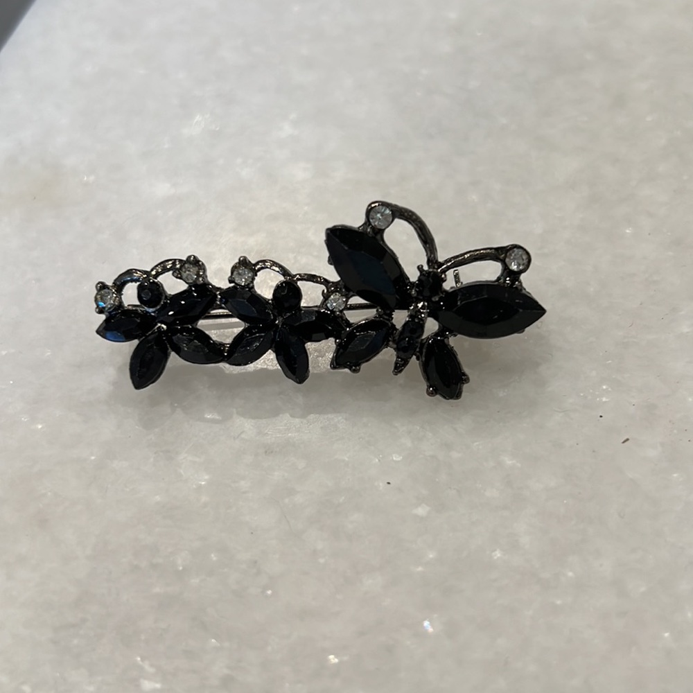 Butterfly brooch vintage rhinestones jet